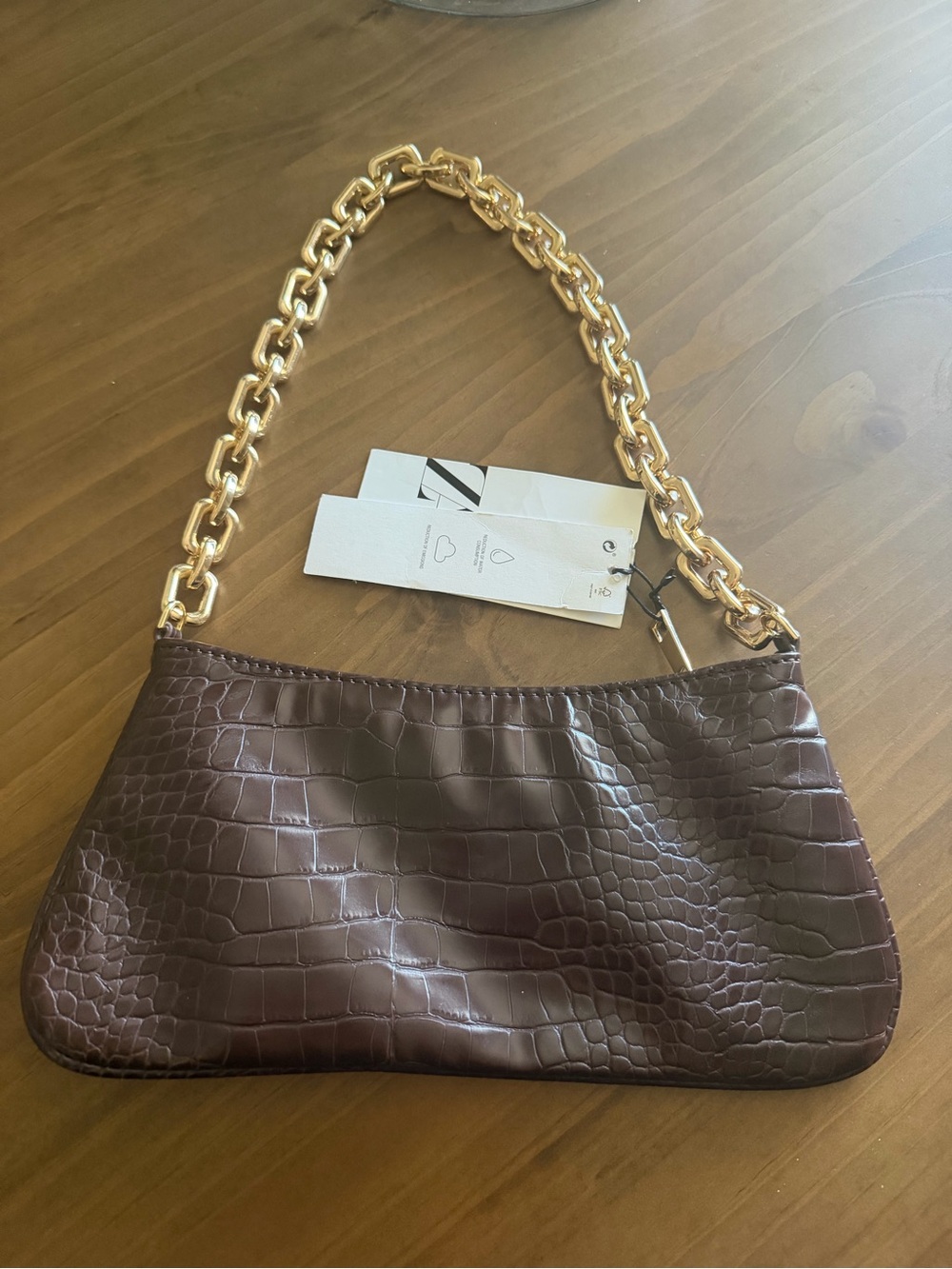 Zara Dark Brown Croc-Embossed Shoulder Clutch with Gold Chain
